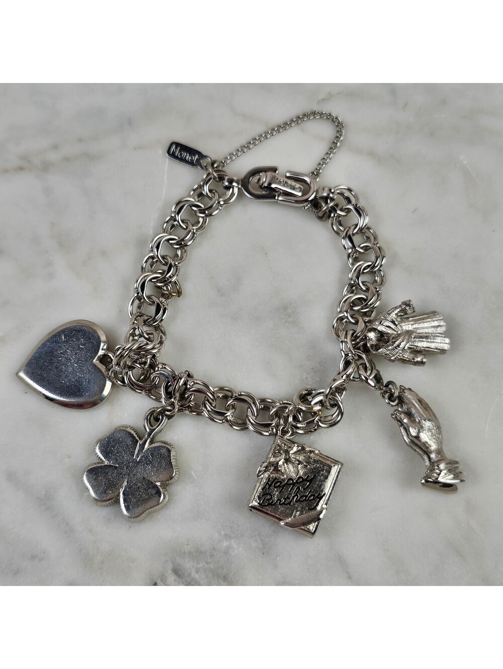 Vintage Monet Silver Tone Happy Birthday Charm Bracelet 7.5 Inch